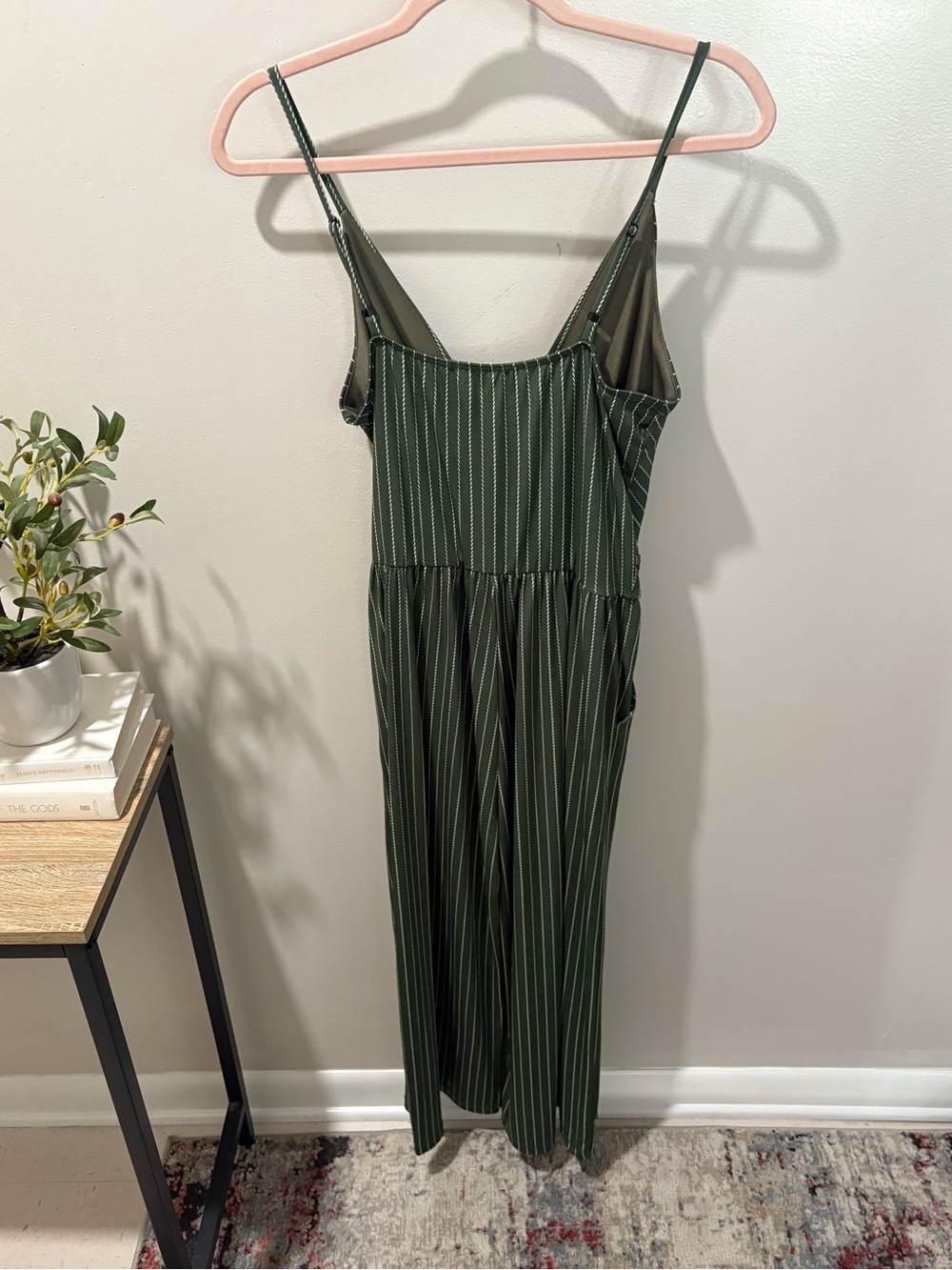 Kaileigh Olive Green Pinstripe Wrap Jumpsuit - Picture 3 of 5